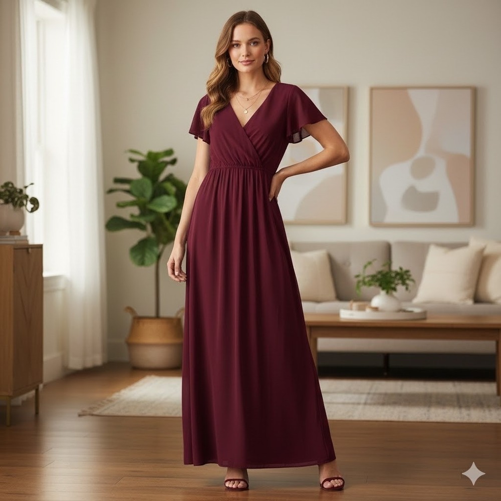 Lulus‎ Burgundy Flutter Sleeve Wrap Maxi Dress Burgundy Size Medium